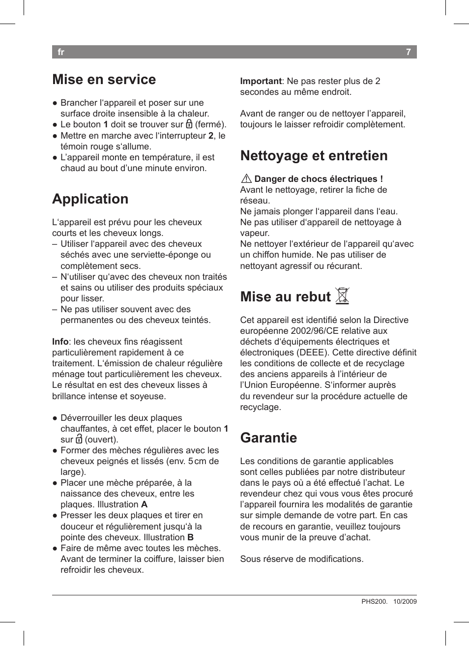 Mise en service, Application, Nettoyage et entretien | Mise au rebut, Garantie | Bosch PHS2004 Haarglätter Purple Passion User Manual | Page 9 / 50