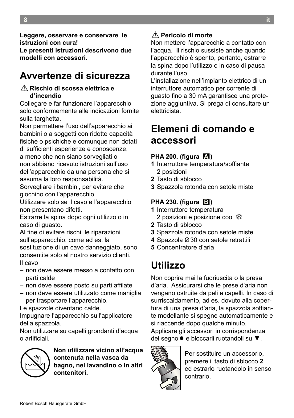 Avvertenze di sicurezza, Elemeni di comando e accessori, Utilizzo | Bosch PHA2300 Warmluftstylingbürste beautixx curly User Manual | Page 10 / 47