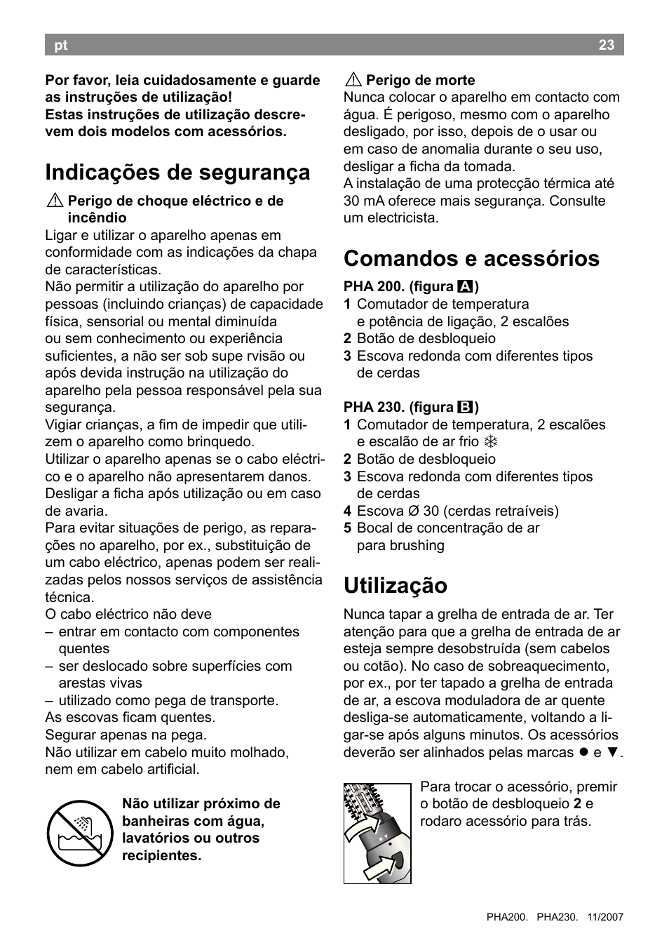 Indicações de segurança, Comandos e acessórios, Utilização | Bosch PHA2300 Warmluftstylingbürste beautixx curly User Manual | Page 25 / 47