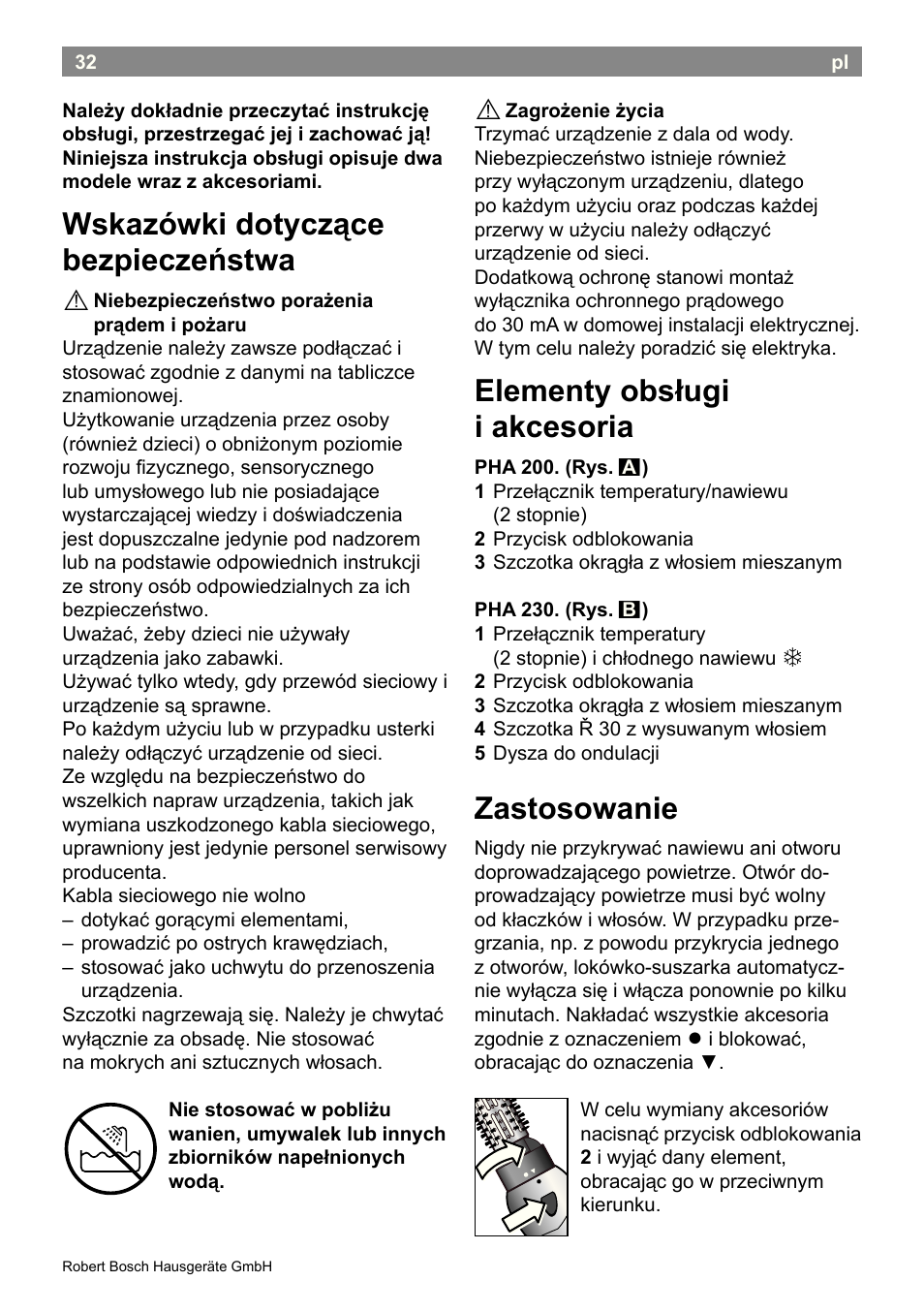 Wskazówki dotyczące bezpieczeństwa, Elementy obsługi i akcesoria, Zastosowanie | Bosch PHA2300 Warmluftstylingbürste beautixx curly User Manual | Page 34 / 47