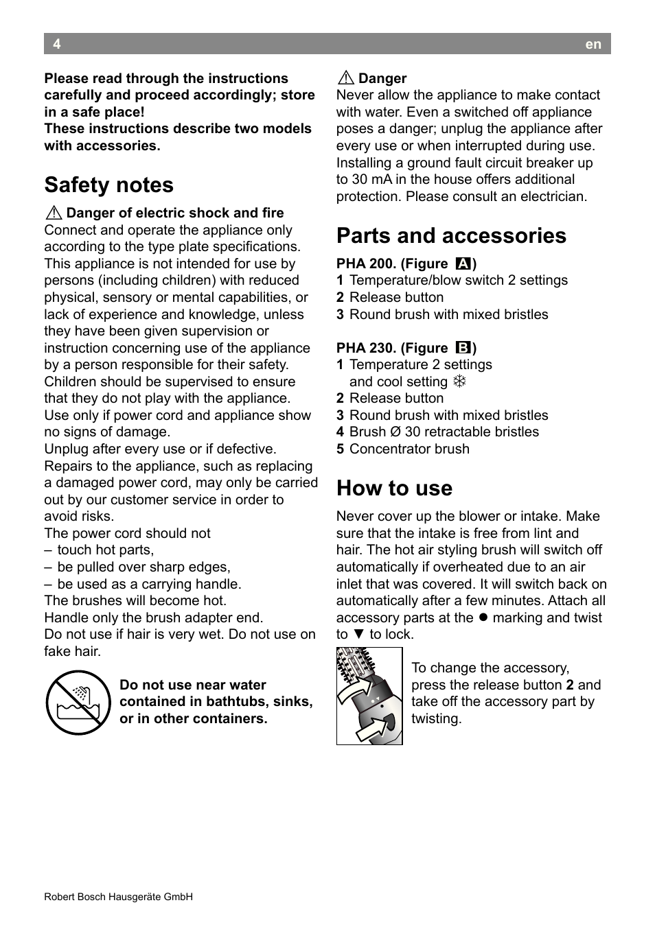 Parts and accessories, How to use | Bosch PHA2300 Warmluftstylingbürste beautixx curly User Manual | Page 6 / 47