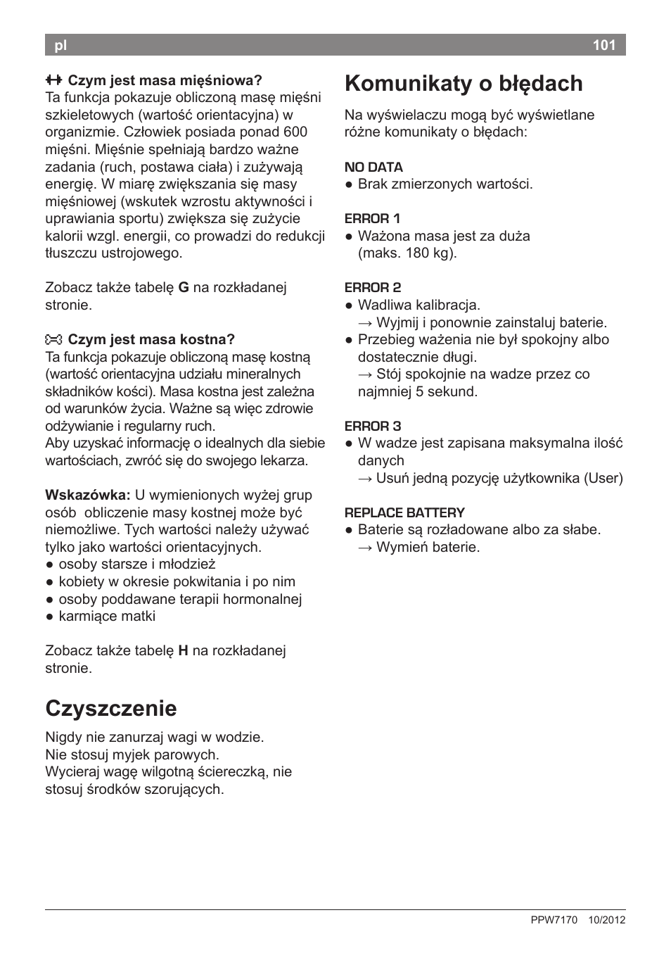 Czyszczenie, Komunikaty o błędach | Bosch PPW7170 Analysewaage elektronisch AxxenceAnalysis Graphic User Manual | Page 101 / 137