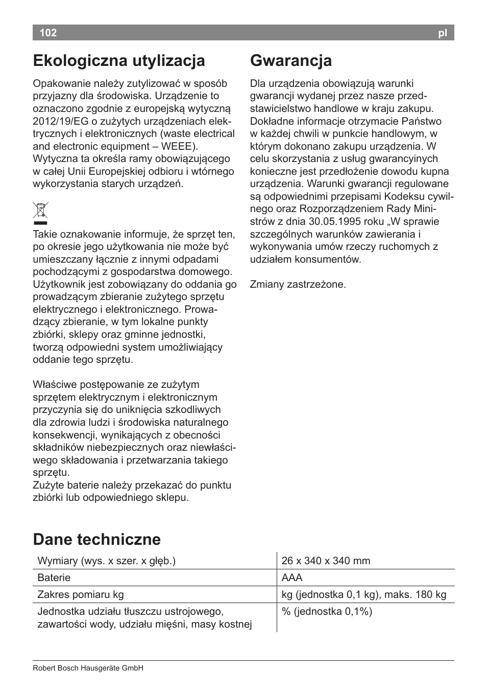 Ekologiczna utylizacja, Gwarancja, Dane techniczne | Bosch PPW7170 Analysewaage elektronisch AxxenceAnalysis Graphic User Manual | Page 102 / 137