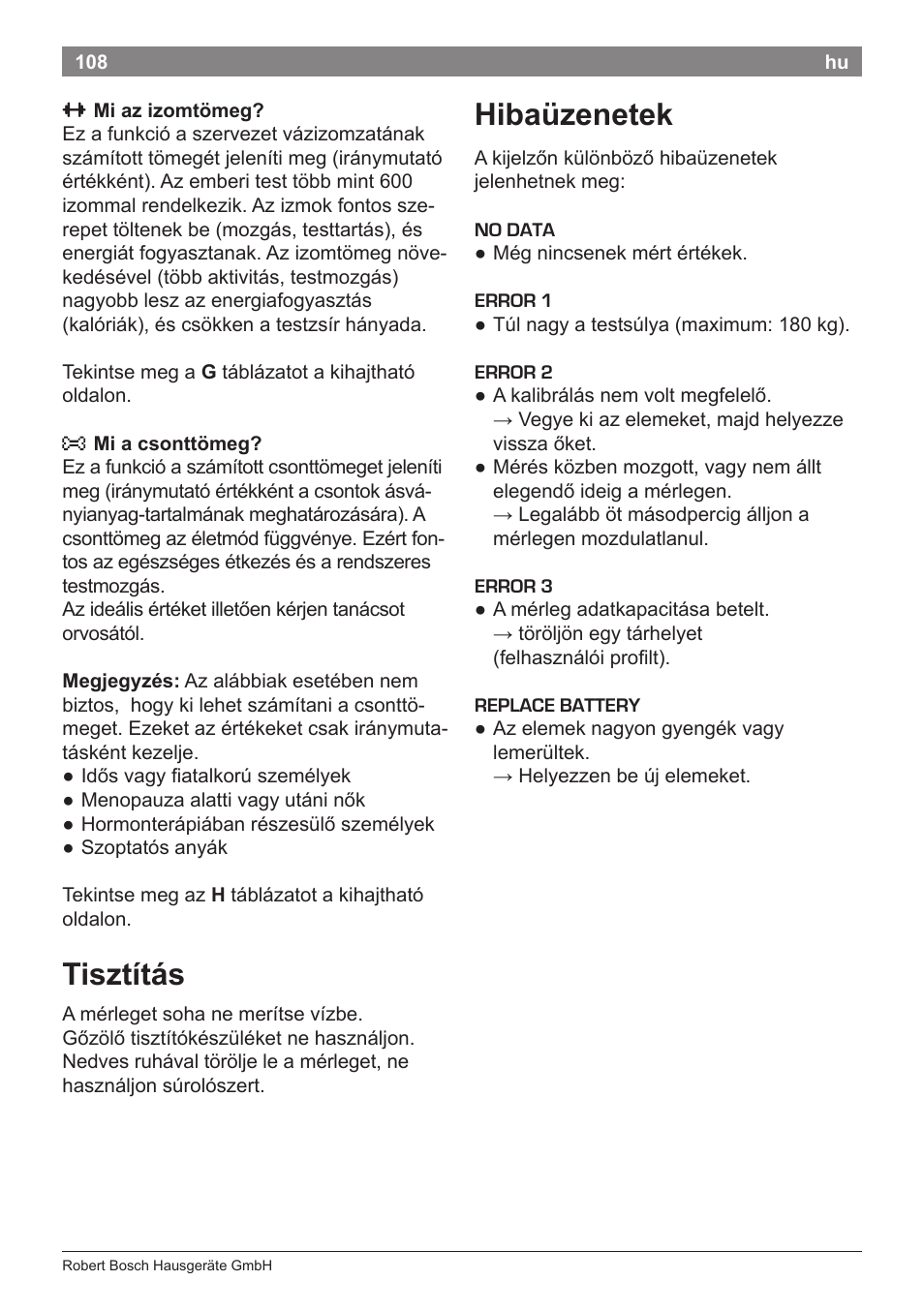 Tisztítás, Hibaüzenetek | Bosch PPW7170 Analysewaage elektronisch AxxenceAnalysis Graphic User Manual | Page 108 / 137