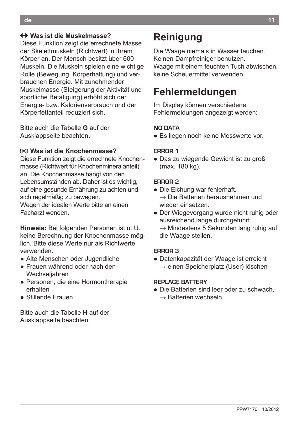 Reinigung, Fehlermeldungen | Bosch PPW7170 Analysewaage elektronisch AxxenceAnalysis Graphic User Manual | Page 11 / 137