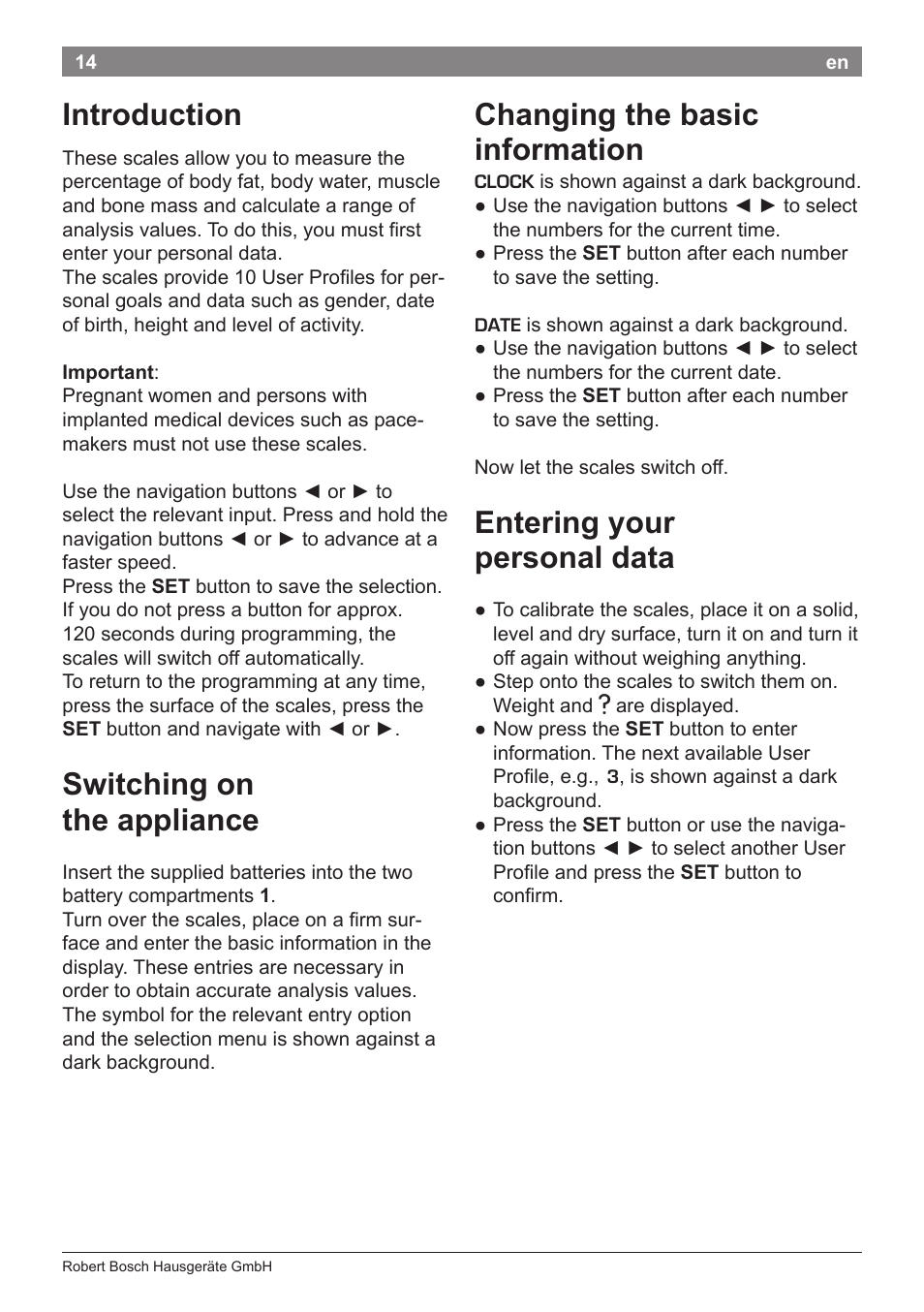 Changing the basic information, Entering your personal data, Introduction | Switching on the appliance | Bosch PPW7170 Analysewaage elektronisch AxxenceAnalysis Graphic User Manual | Page 14 / 137