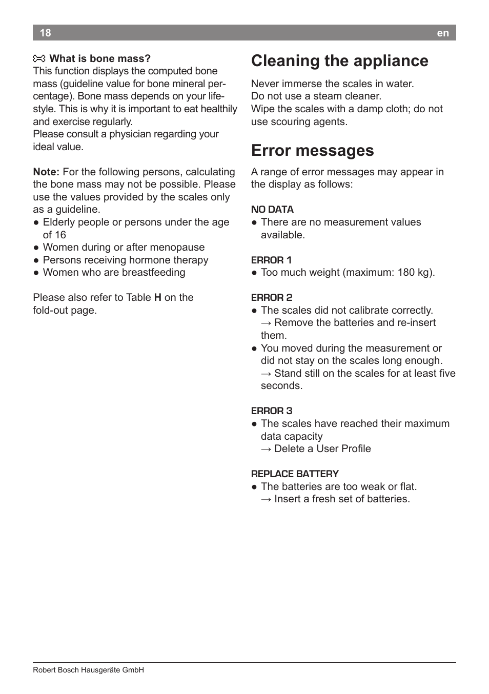 Cleaning the appliance, Error messages | Bosch PPW7170 Analysewaage elektronisch AxxenceAnalysis Graphic User Manual | Page 18 / 137