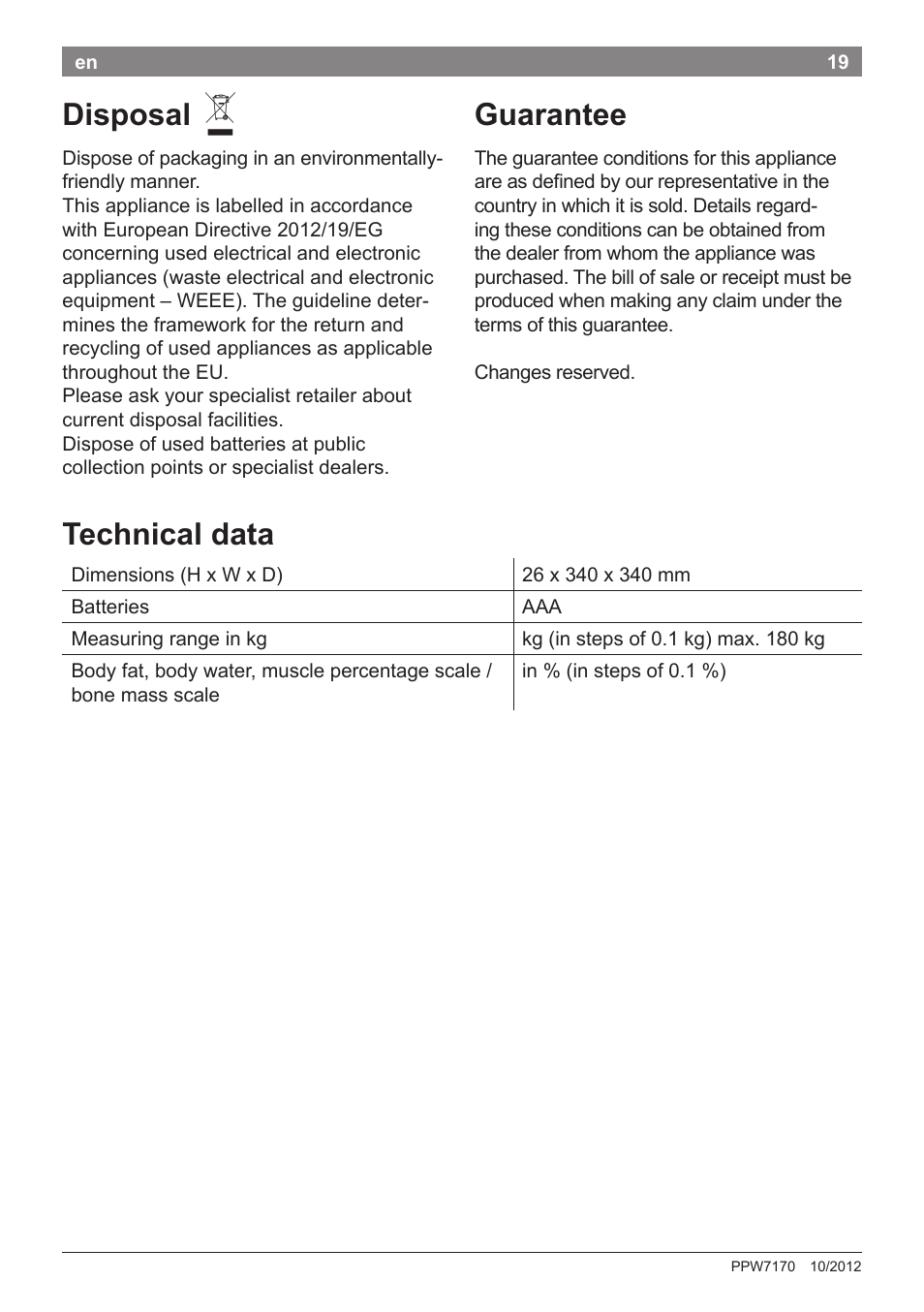 Disposal, Guarantee, Technical data | Bosch PPW7170 Analysewaage elektronisch AxxenceAnalysis Graphic User Manual | Page 19 / 137