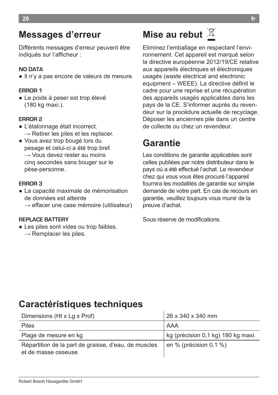 Messages d’erreur, Mise au rebut, Garantie | Caractéristiques techniques | Bosch PPW7170 Analysewaage elektronisch AxxenceAnalysis Graphic User Manual | Page 26 / 137