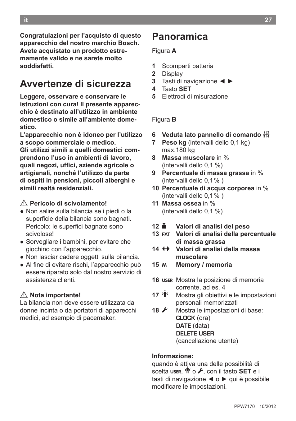 Avvertenze di sicurezza, Panoramica | Bosch PPW7170 Analysewaage elektronisch AxxenceAnalysis Graphic User Manual | Page 27 / 137