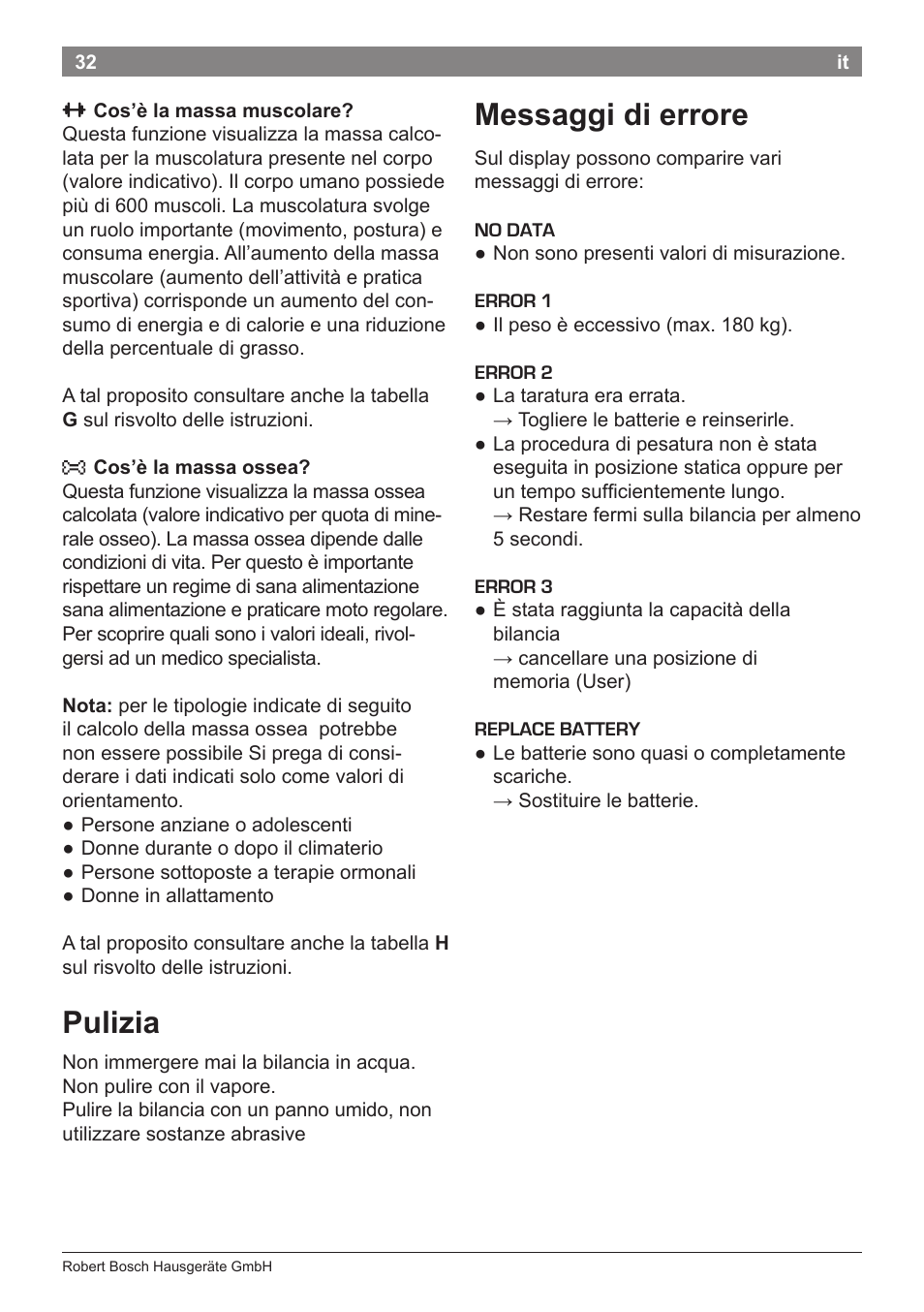 Pulizia, Messaggi di errore | Bosch PPW7170 Analysewaage elektronisch AxxenceAnalysis Graphic User Manual | Page 32 / 137