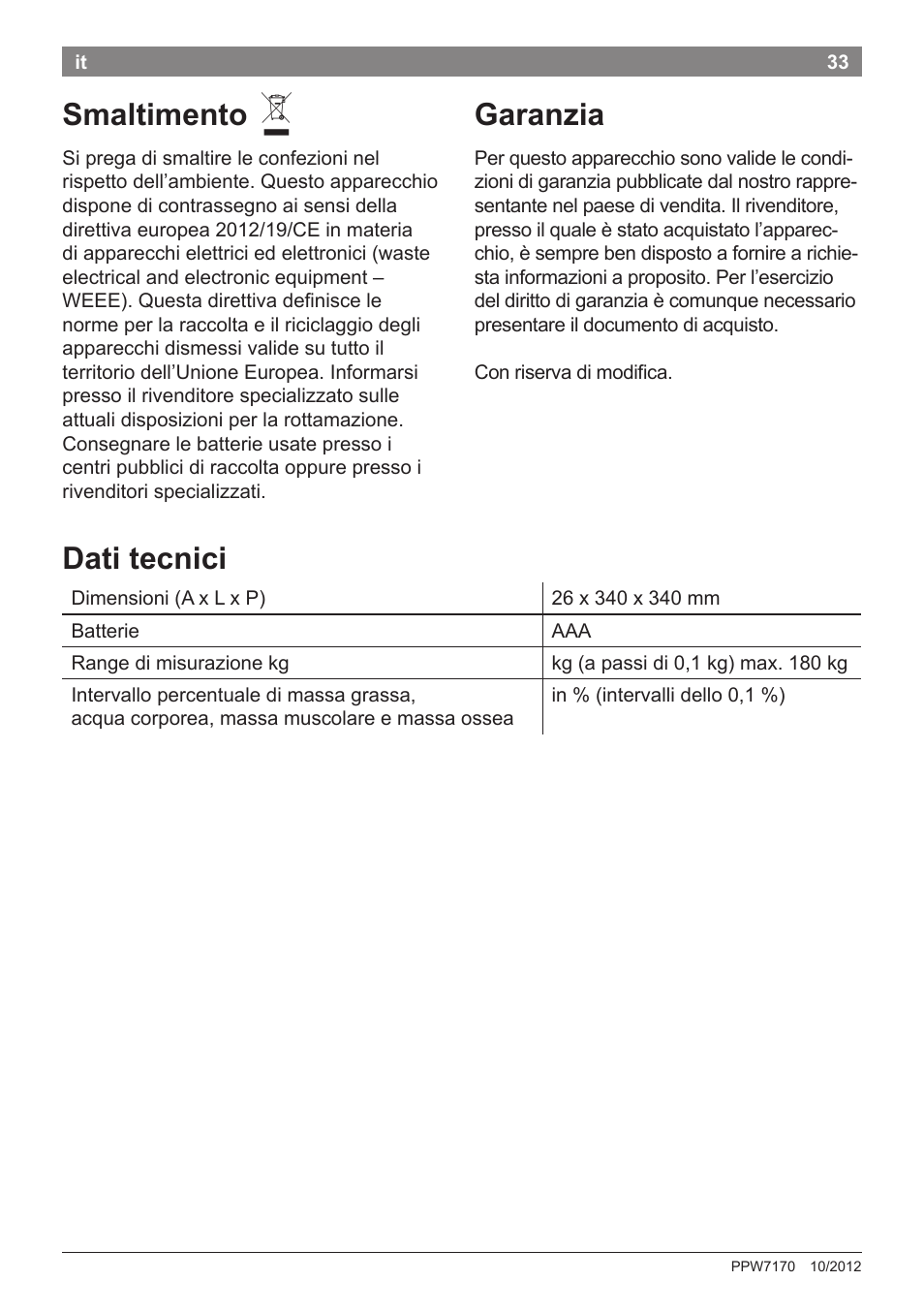 Smaltimento, Garanzia, Dati tecnici | Bosch PPW7170 Analysewaage elektronisch AxxenceAnalysis Graphic User Manual | Page 33 / 137