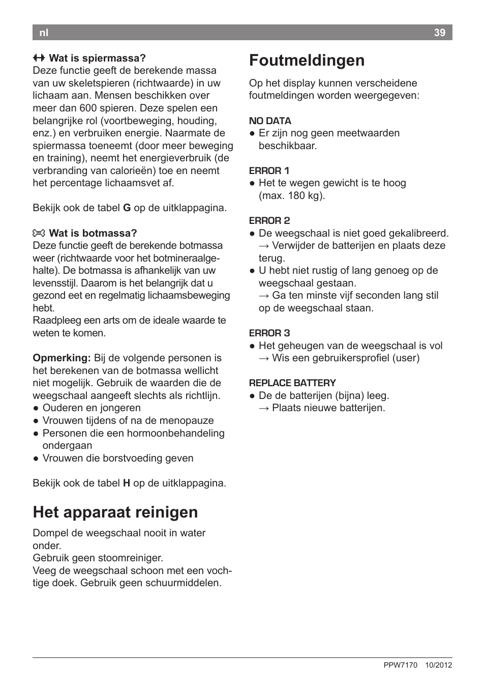 Het apparaat reinigen, Foutmeldingen | Bosch PPW7170 Analysewaage elektronisch AxxenceAnalysis Graphic User Manual | Page 39 / 137