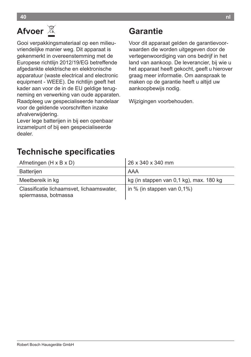 Afvoer, Garantie, Technische specificaties | Bosch PPW7170 Analysewaage elektronisch AxxenceAnalysis Graphic User Manual | Page 40 / 137