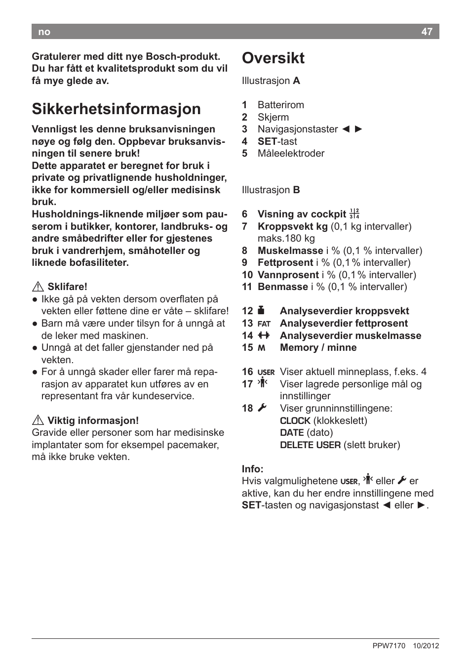 Sikkerhetsinformasjon, Oversikt | Bosch PPW7170 Analysewaage elektronisch AxxenceAnalysis Graphic User Manual | Page 47 / 137