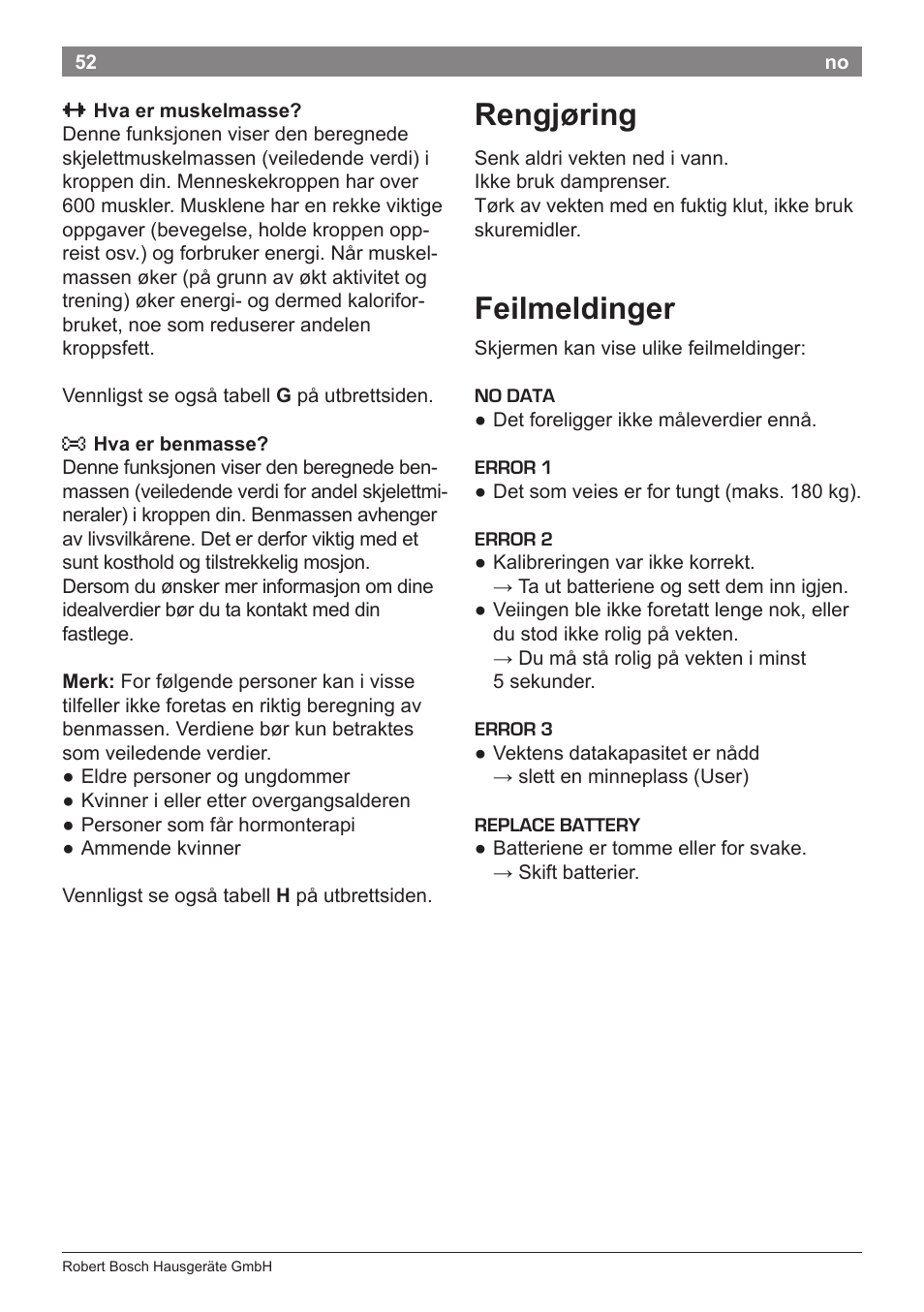 Rengjøring, Feilmeldinger | Bosch PPW7170 Analysewaage elektronisch AxxenceAnalysis Graphic User Manual | Page 52 / 137