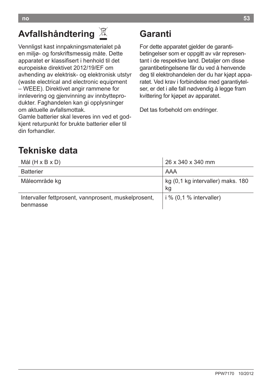 Avfallshåndtering, Garanti, Tekniske data | Bosch PPW7170 Analysewaage elektronisch AxxenceAnalysis Graphic User Manual | Page 53 / 137