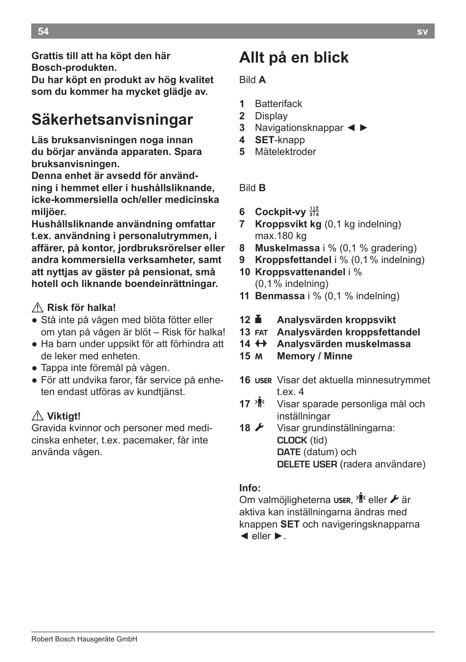 Säkerhetsanvisningar, Allt på en blick | Bosch PPW7170 Analysewaage elektronisch AxxenceAnalysis Graphic User Manual | Page 54 / 137