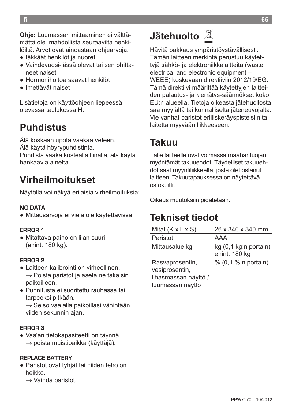 Puhdistus, Virheilmoitukset, Jätehuolto | Takuu, Tekniset tiedot | Bosch PPW7170 Analysewaage elektronisch AxxenceAnalysis Graphic User Manual | Page 65 / 137