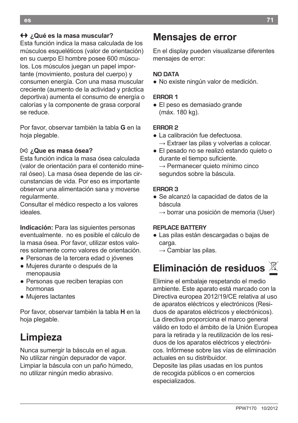 Limpieza, Mensajes de error, Eliminación de residuos | Bosch PPW7170 Analysewaage elektronisch AxxenceAnalysis Graphic User Manual | Page 71 / 137