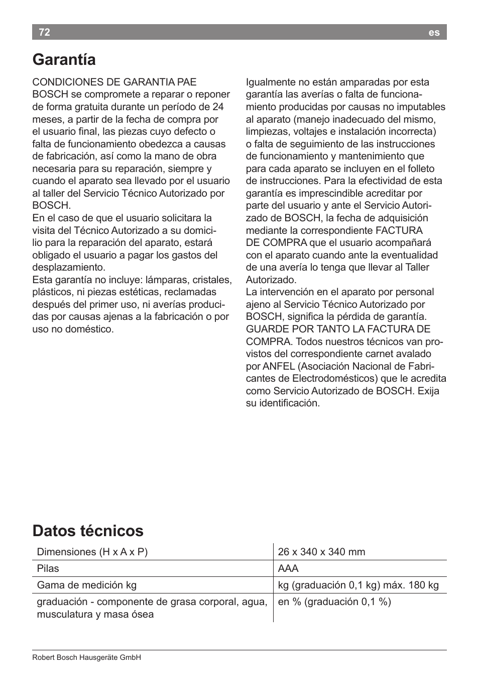 Garantía, Datos técnicos | Bosch PPW7170 Analysewaage elektronisch AxxenceAnalysis Graphic User Manual | Page 72 / 137