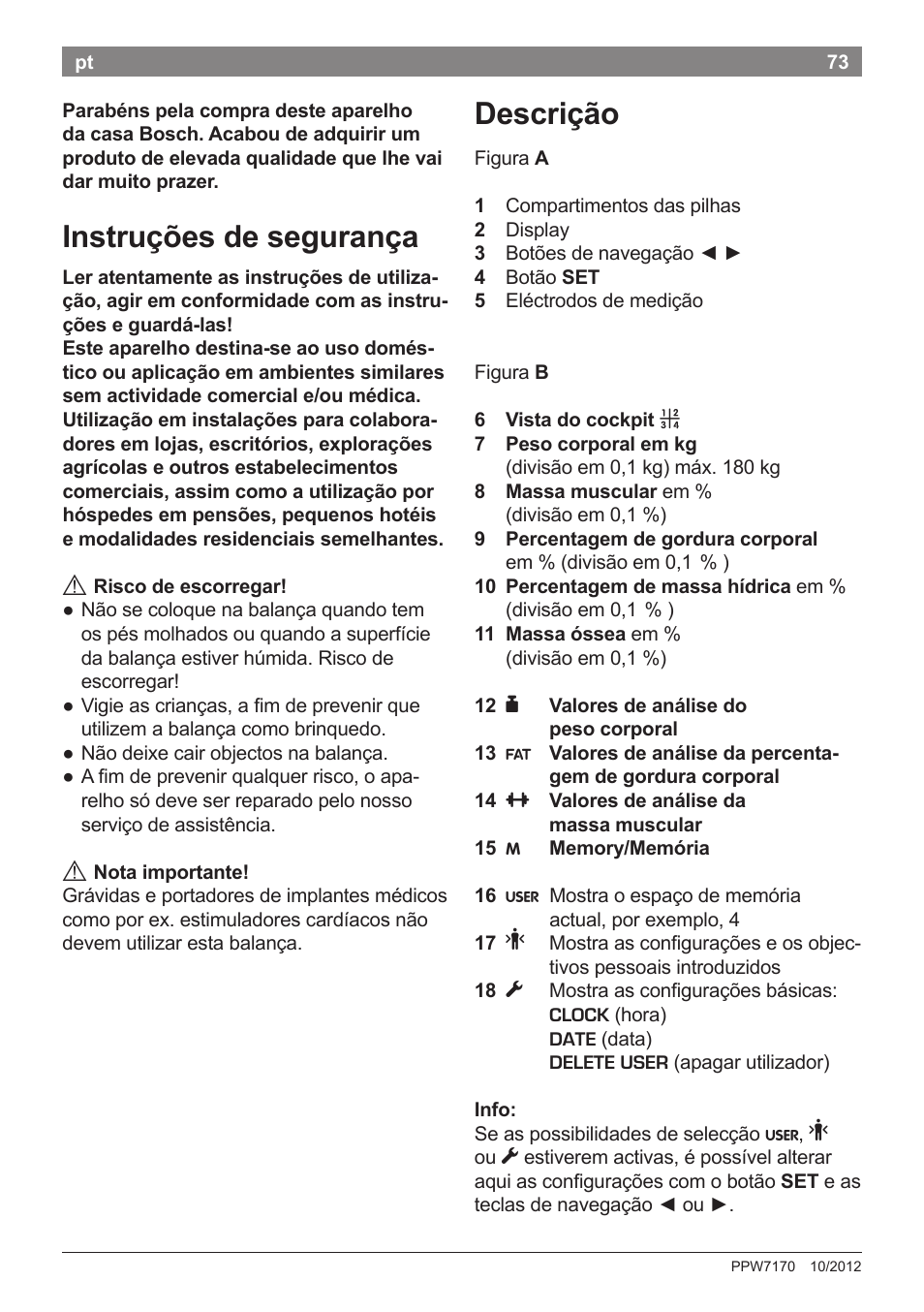 Instruções de segurança, Descrição | Bosch PPW7170 Analysewaage elektronisch AxxenceAnalysis Graphic User Manual | Page 73 / 137