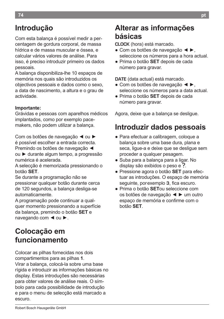 Alterar as informações básicas, Introduzir dados pessoais, Introdução | Colocação em funcionamento | Bosch PPW7170 Analysewaage elektronisch AxxenceAnalysis Graphic User Manual | Page 74 / 137