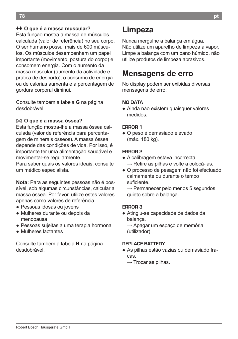 Limpeza, Mensagens de erro | Bosch PPW7170 Analysewaage elektronisch AxxenceAnalysis Graphic User Manual | Page 78 / 137