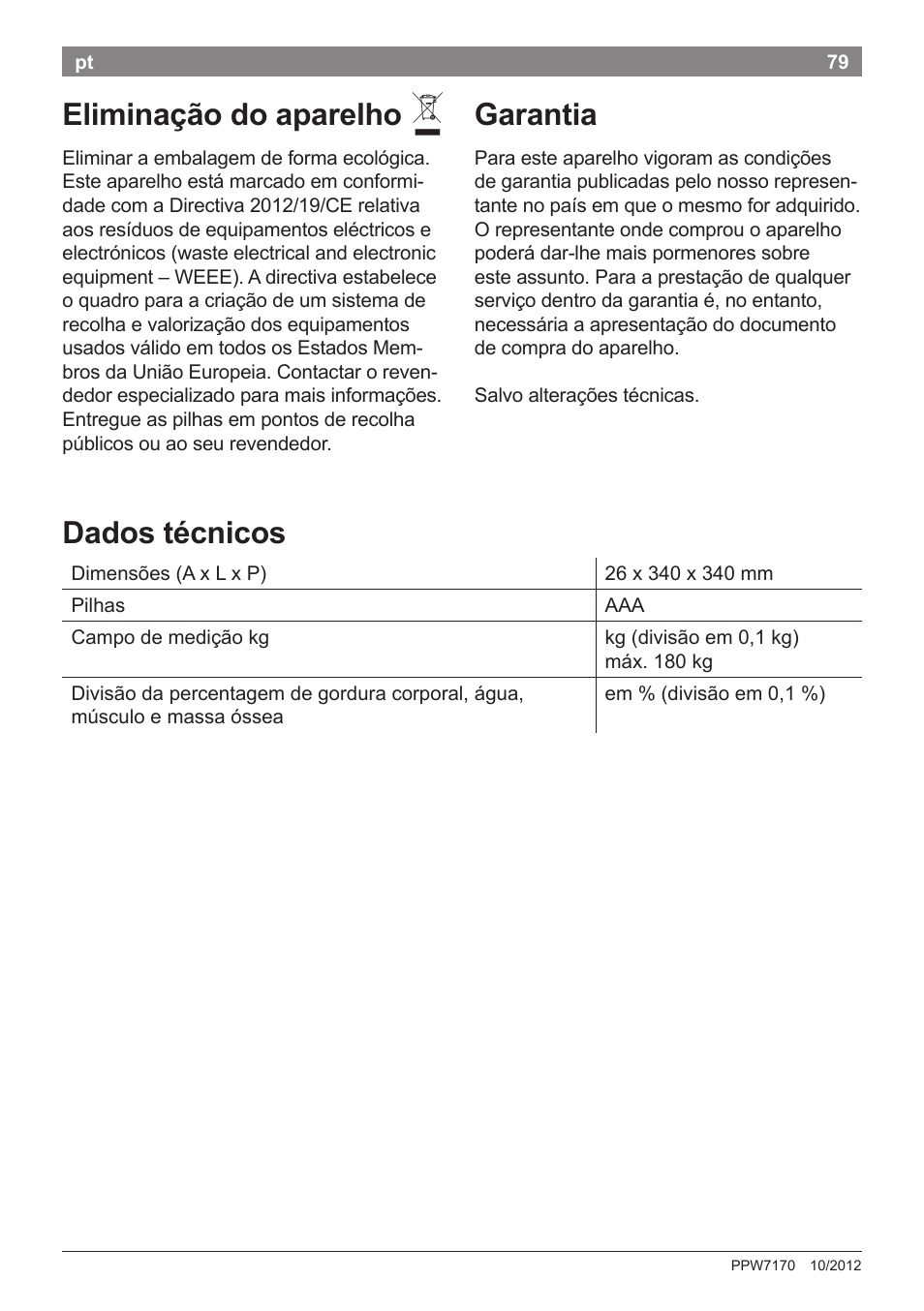 Eliminação do aparelho, Garantia, Dados técnicos | Bosch PPW7170 Analysewaage elektronisch AxxenceAnalysis Graphic User Manual | Page 79 / 137