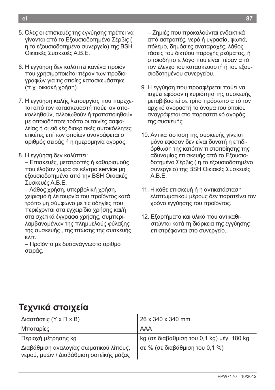 Τεχνικά στοιχεία | Bosch PPW7170 Analysewaage elektronisch AxxenceAnalysis Graphic User Manual | Page 87 / 137