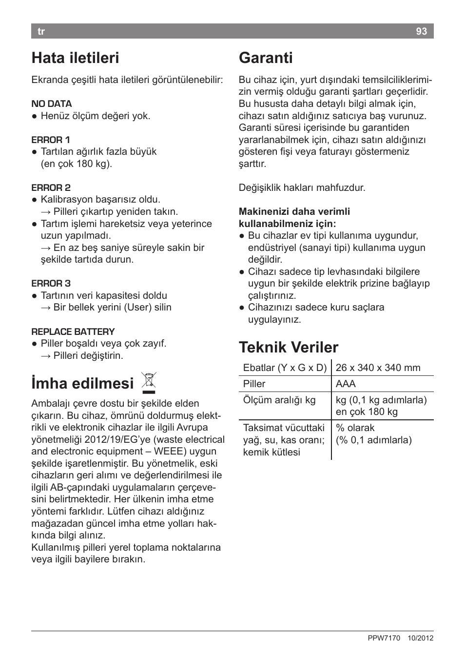 Hata iletileri, Imha edilmesi, Garanti | Teknik veriler | Bosch PPW7170 Analysewaage elektronisch AxxenceAnalysis Graphic User Manual | Page 93 / 137