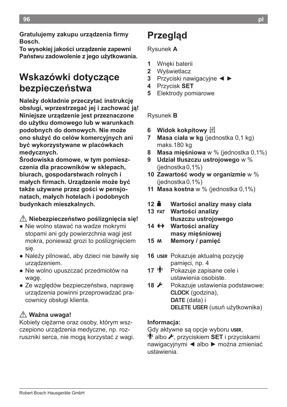 Wskazówki dotyczące bezpieczeństwa, Przegląd | Bosch PPW7170 Analysewaage elektronisch AxxenceAnalysis Graphic User Manual | Page 96 / 137