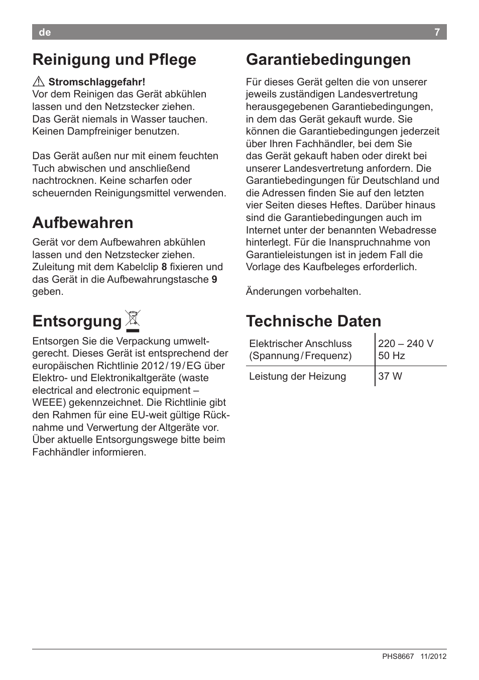 Reinigung und pflege, Aufbewahren, Entsorgung | Garantiebedingungen, Technische daten | Bosch PHS8667 Haarglätter ProSalon SensorProtection User Manual | Page 11 / 134
