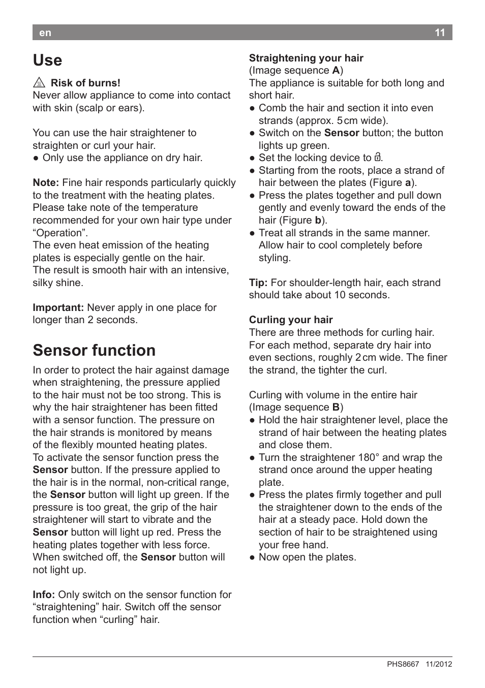 Sensor function | Bosch PHS8667 Haarglätter ProSalon SensorProtection User Manual | Page 15 / 134