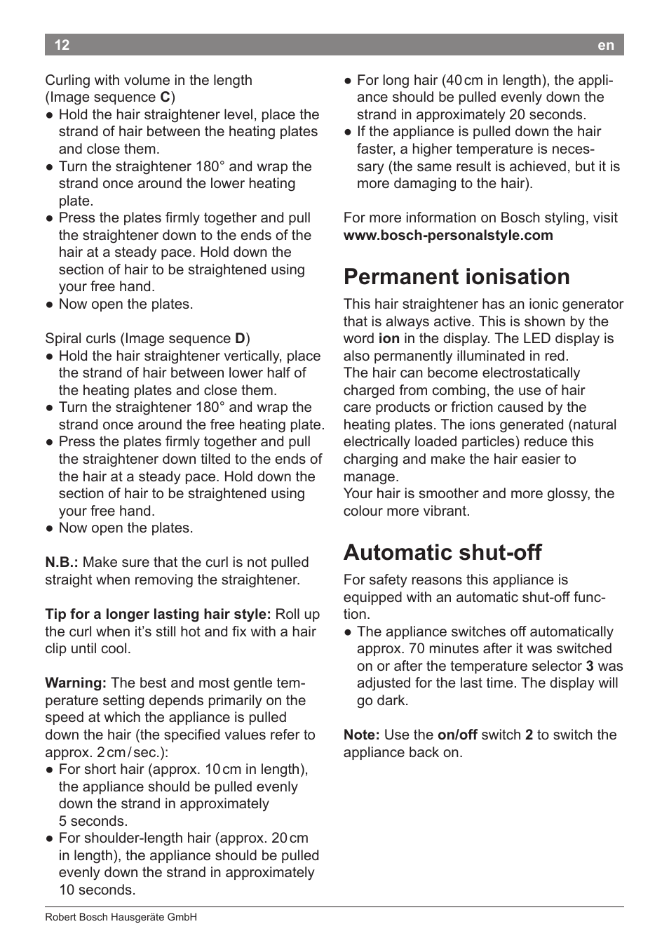 Permanent ionisation, Automatic shut-off | Bosch PHS8667 Haarglätter ProSalon SensorProtection User Manual | Page 16 / 134