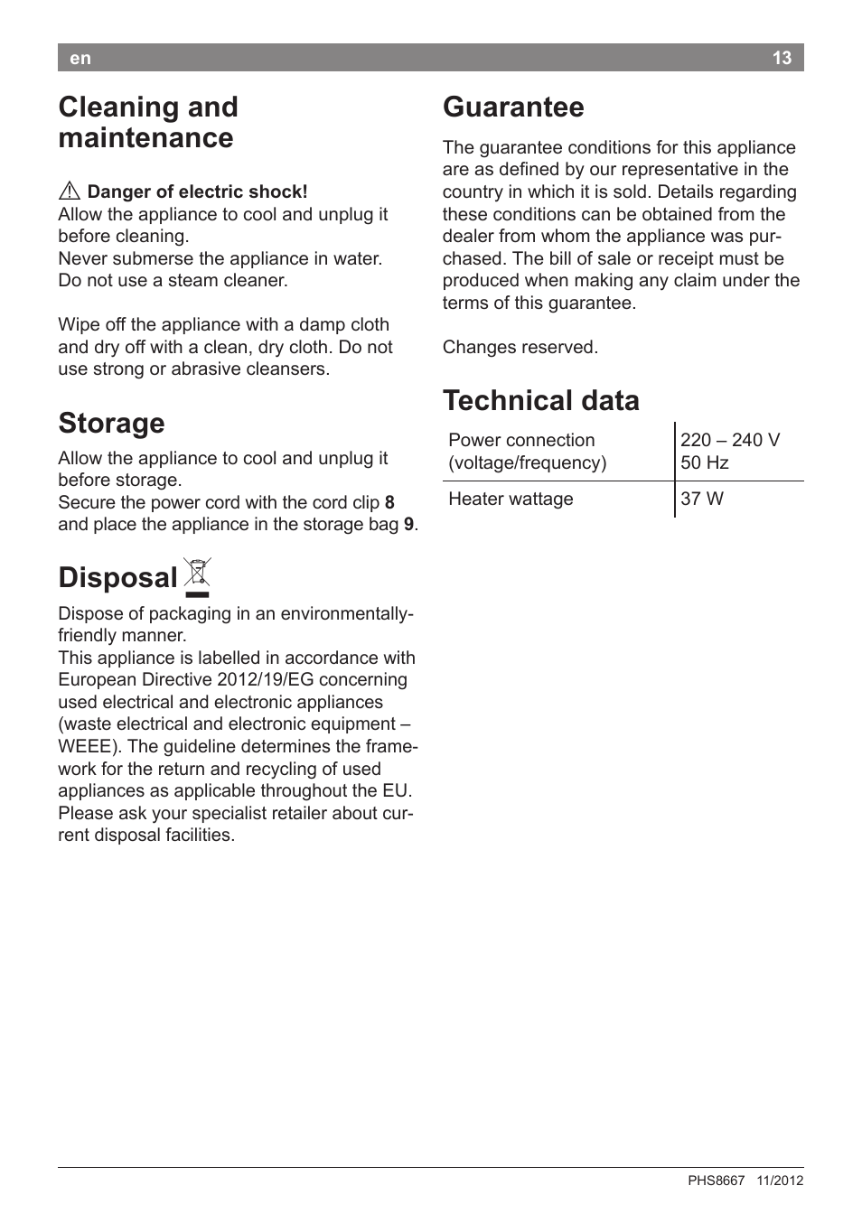 Cleaning and maintenance, Storage, Disposal | Guarantee, Technical data | Bosch PHS8667 Haarglätter ProSalon SensorProtection User Manual | Page 17 / 134