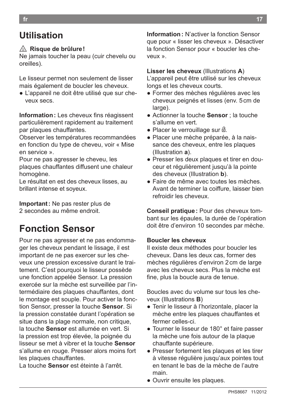 Fonction sensor, Utilisation | Bosch PHS8667 Haarglätter ProSalon SensorProtection User Manual | Page 21 / 134
