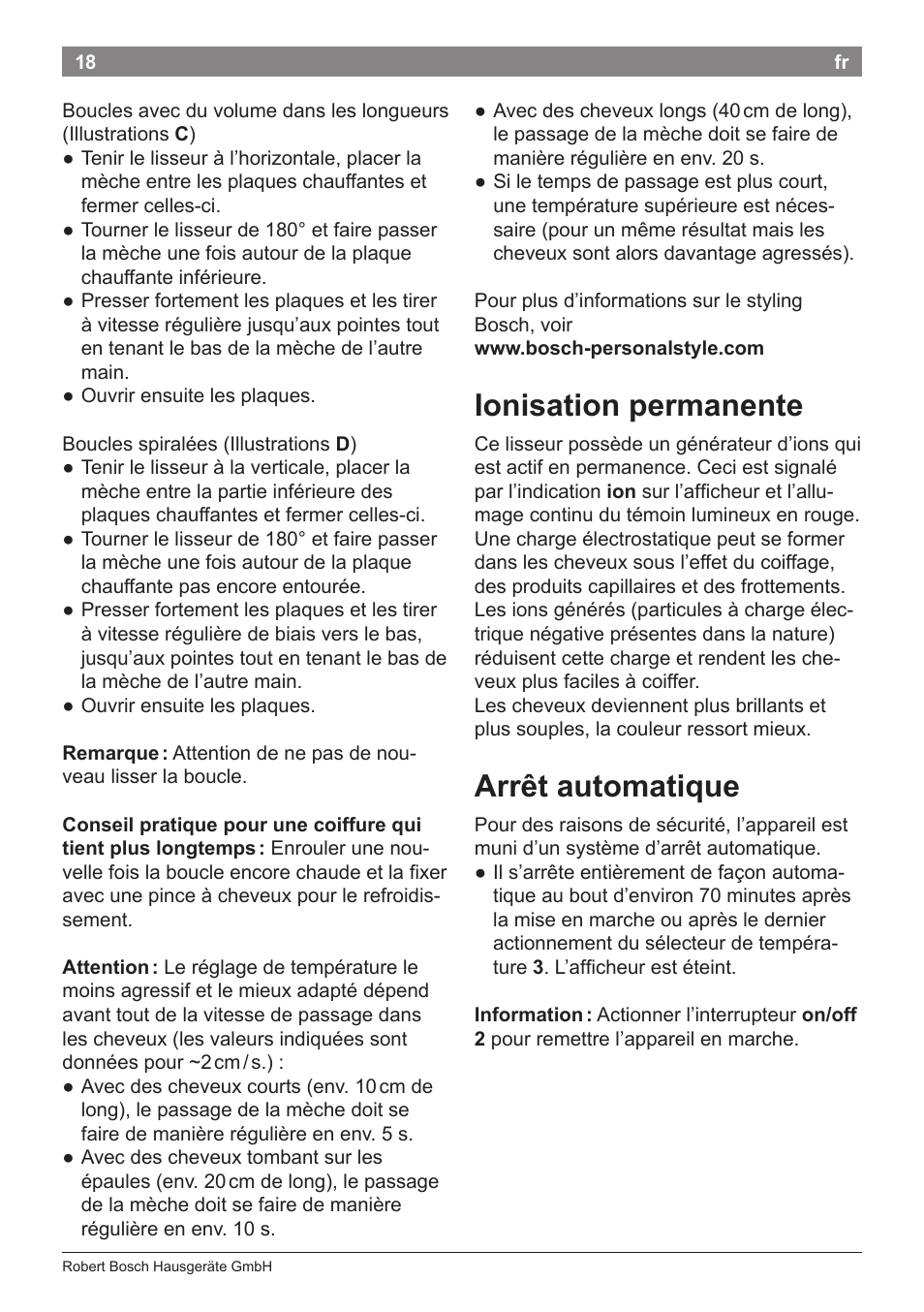 Ionisation permanente, Arrêt automatique | Bosch PHS8667 Haarglätter ProSalon SensorProtection User Manual | Page 22 / 134