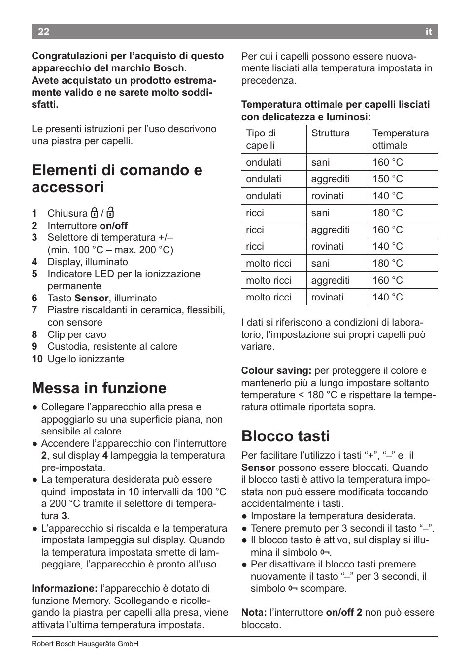 Elementi di comando e accessori, Messa in funzione, Blocco tasti | Bosch PHS8667 Haarglätter ProSalon SensorProtection User Manual | Page 26 / 134