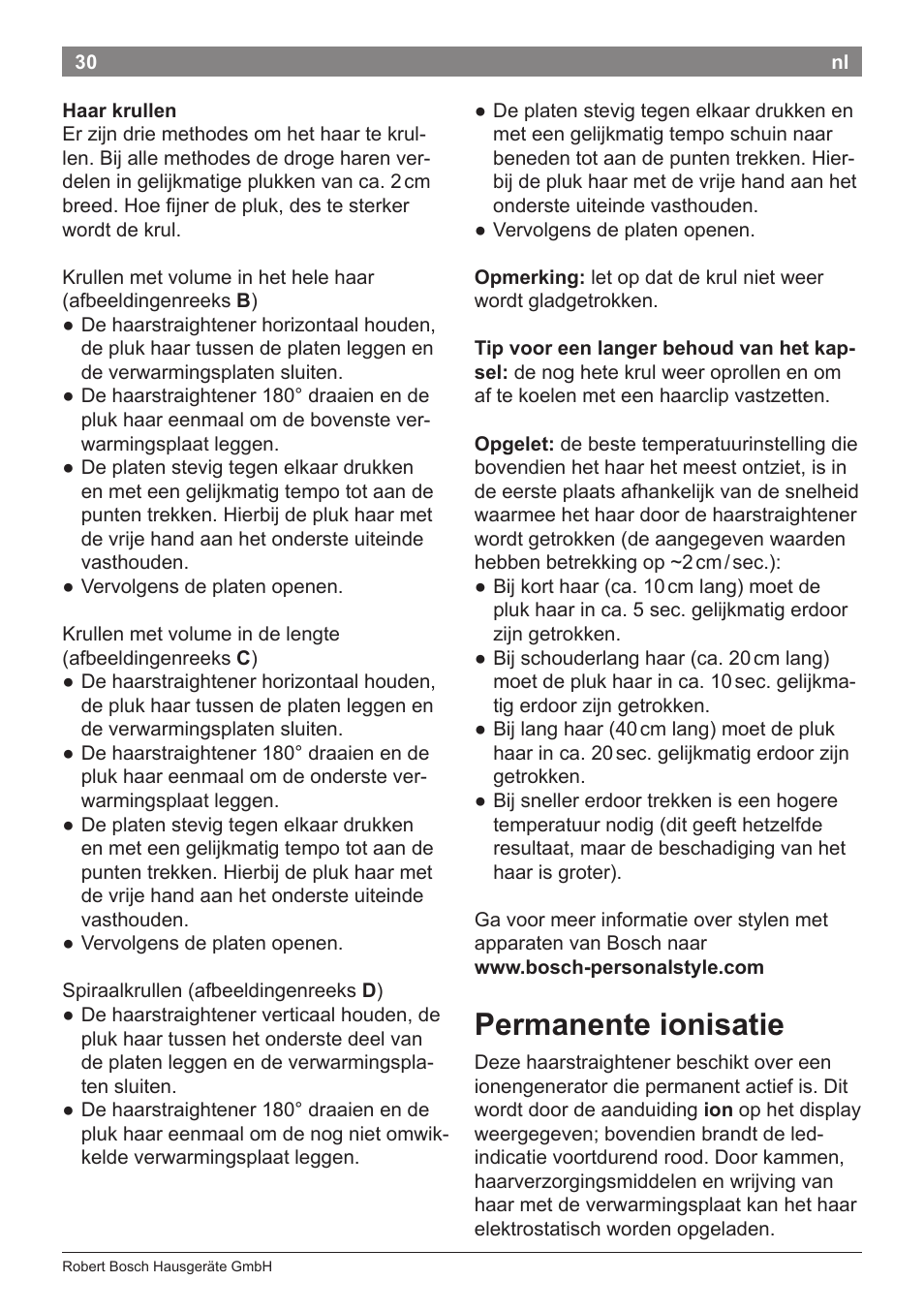 Permanente ionisatie | Bosch PHS8667 Haarglätter ProSalon SensorProtection User Manual | Page 34 / 134