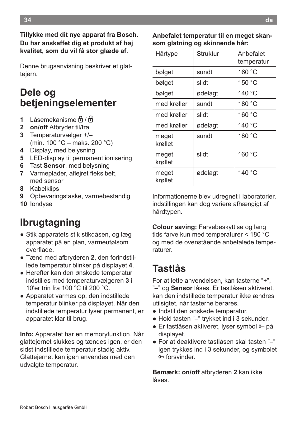 Dele og betjeningselementer, Ibrugtagning, Tastlås | Bosch PHS8667 Haarglätter ProSalon SensorProtection User Manual | Page 38 / 134