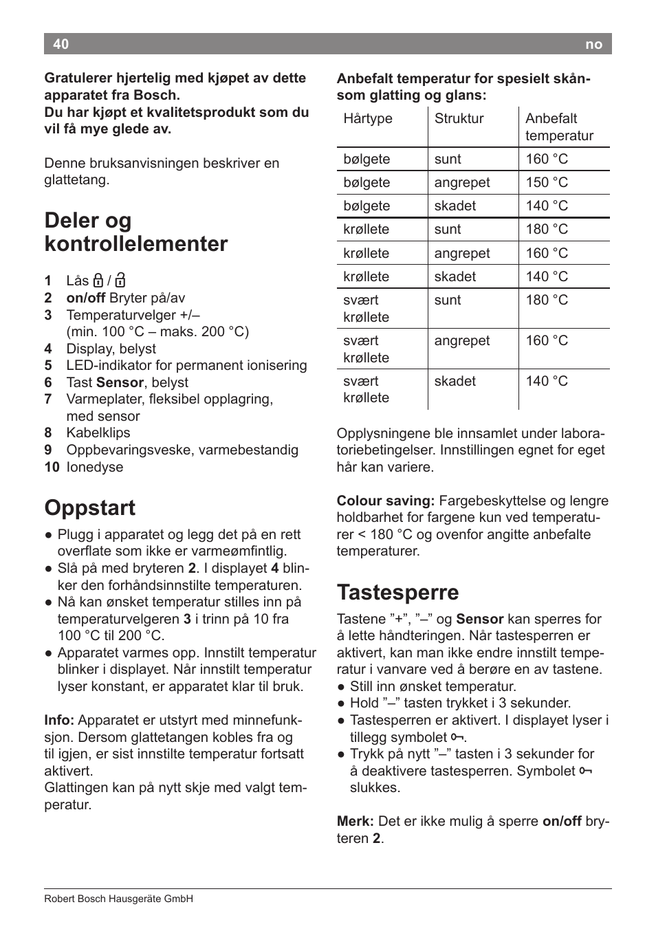 Deler og kontrollelementer, Oppstart, Tastesperre | Bosch PHS8667 Haarglätter ProSalon SensorProtection User Manual | Page 44 / 134