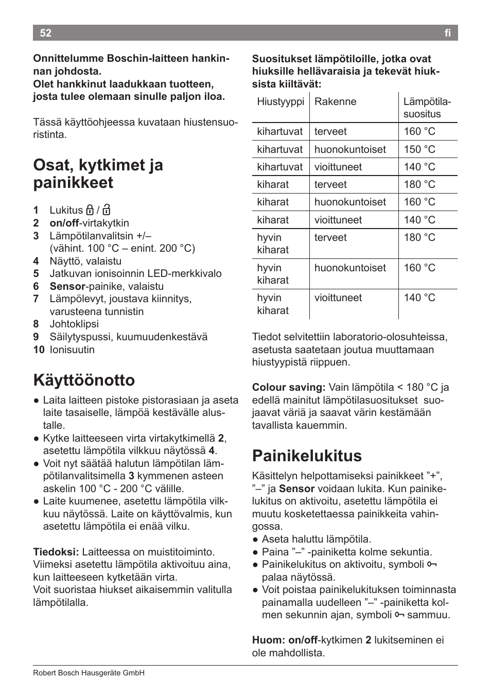 Osat, kytkimet ja painikkeet, Käyttöönotto, Painikelukitus | Bosch PHS8667 Haarglätter ProSalon SensorProtection User Manual | Page 56 / 134