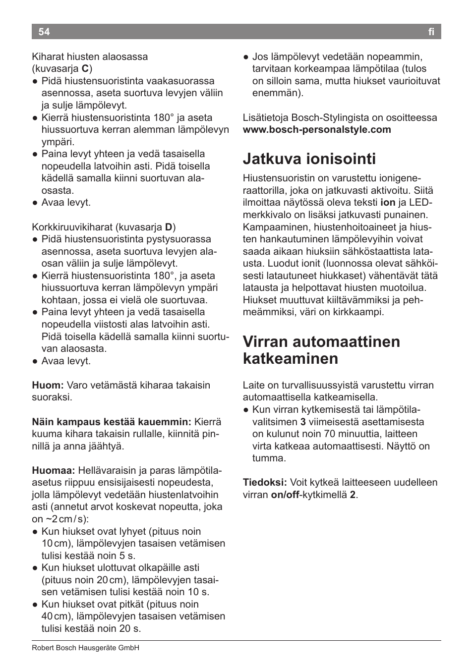 Jatkuva ionisointi, Virran automaattinen katkeaminen | Bosch PHS8667 Haarglätter ProSalon SensorProtection User Manual | Page 58 / 134