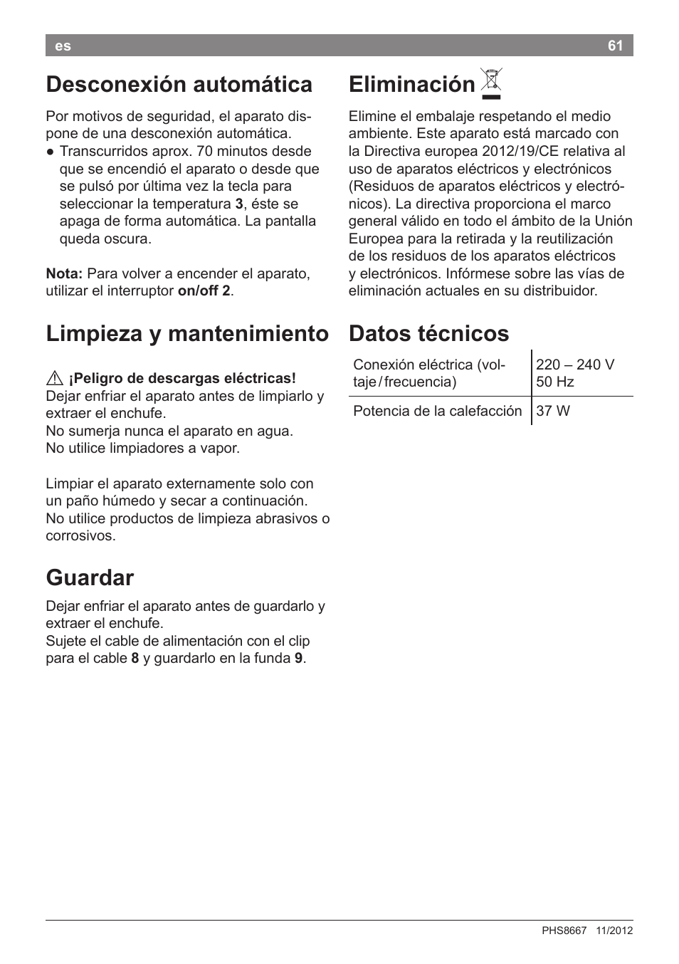 Desconexión automática, Limpieza y mantenimiento, Guardar | Eliminación, Datos técnicos | Bosch PHS8667 Haarglätter ProSalon SensorProtection User Manual | Page 65 / 134