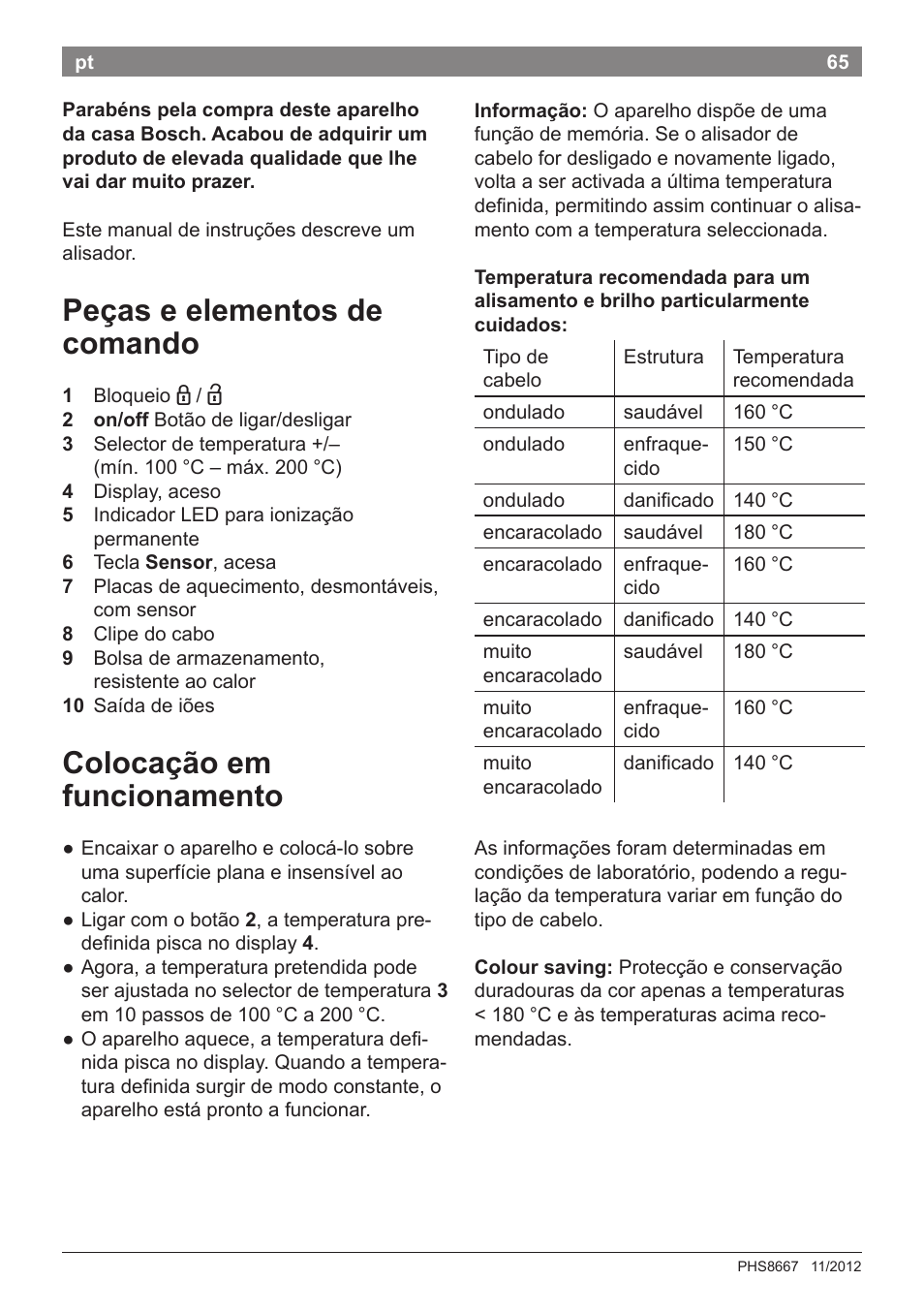 Peças e elementos de comando, Colocação em funcionamento | Bosch PHS8667 Haarglätter ProSalon SensorProtection User Manual | Page 69 / 134