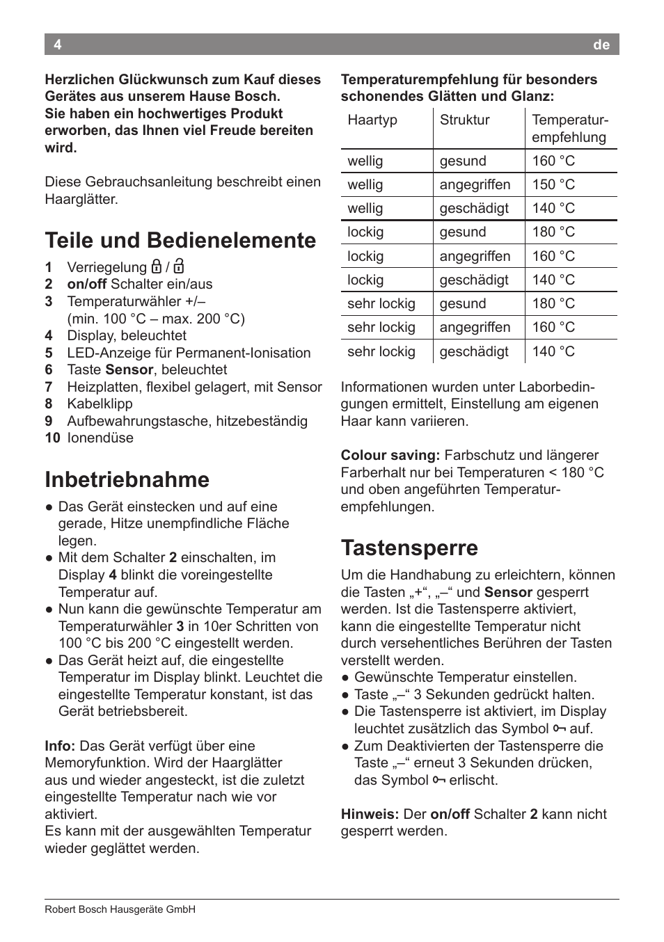 Teile und bedienelemente, Inbetriebnahme, Tastensperre | Bosch PHS8667 Haarglätter ProSalon SensorProtection User Manual | Page 8 / 134