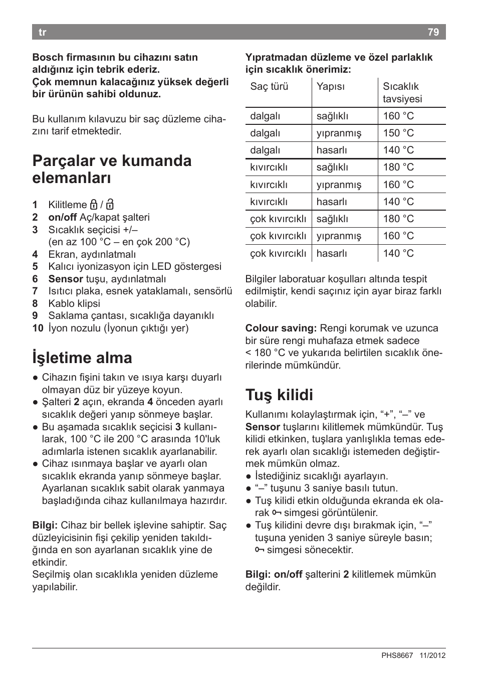 Parçalar ve kumanda elemanları, Işletime alma, Tuş kilidi | Bosch PHS8667 Haarglätter ProSalon SensorProtection User Manual | Page 83 / 134