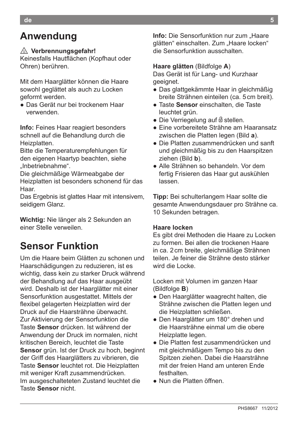 Anwendung, Sensor funktion | Bosch PHS8667 Haarglätter ProSalon SensorProtection User Manual | Page 9 / 134