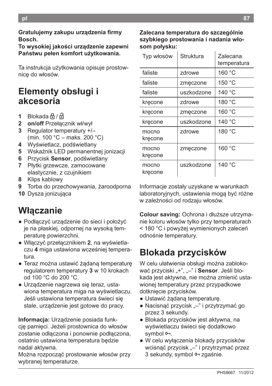 Elementy obsługi i akcesoria, Włączanie, Blokada przycisków | Bosch PHS8667 Haarglätter ProSalon SensorProtection User Manual | Page 91 / 134